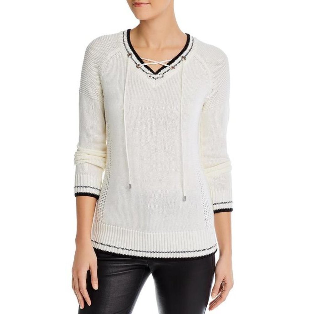 NWT Calvin Klein White Lace Up V-Neck Sweater